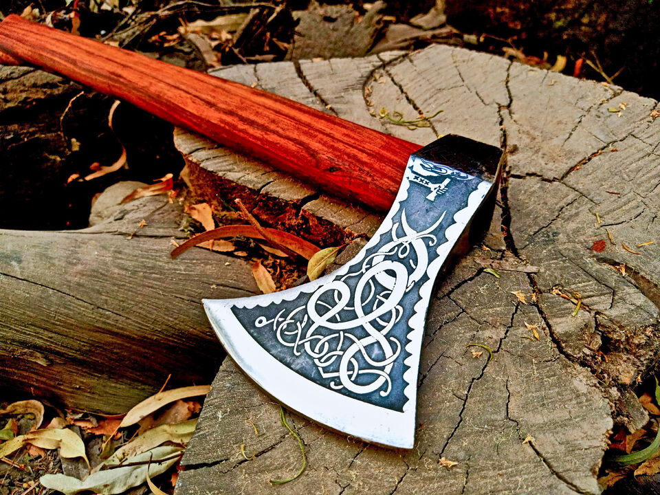 Handmade Carbon Steel Viking Throwing Axe | Rare Art Axe with Carved Ashwood Handle Axe
