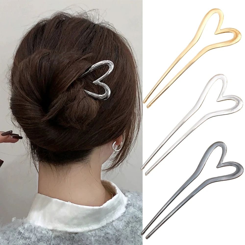 Metal Heart Hair Fork U Shape Hairpin for Women