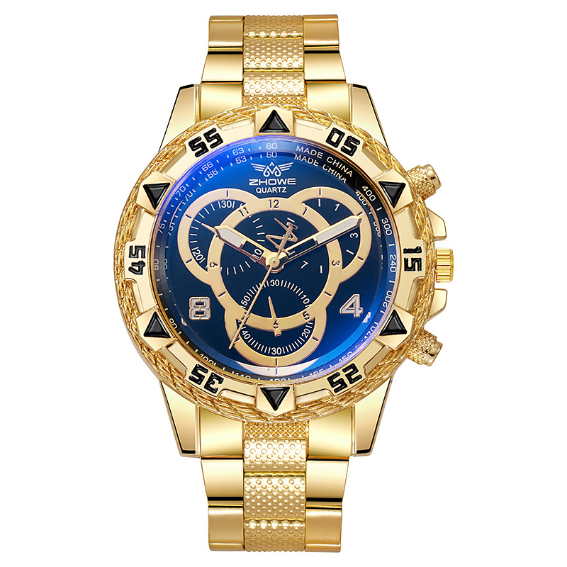 Men's Quartz Watch Classic Business Wristwatch Luxury Alloy Steel Strip Blue Light Large Dial Three Eye