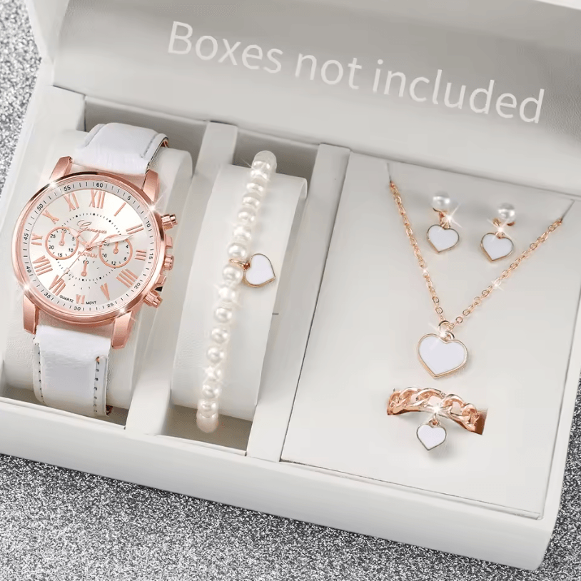 Fashion Womens Quartz Watch Set with Leather Bands and Heart Rhinestone Accent (5/6 PCS)
