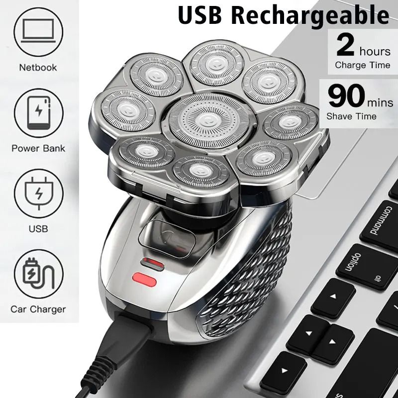 Mens Bald Head Electric Shaver 9 Blade Floating Rechargeable Trimmer with Beard Nose and Ear Attachments