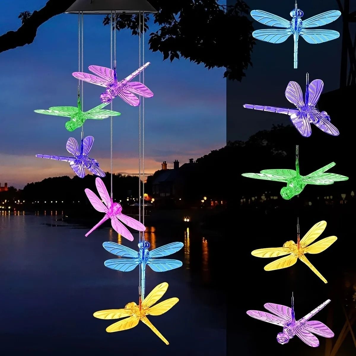 Solar Dragonfly Wind Chimes Outdoor | Waterproof Color Changing LED Memorial Lights for Patio & Garden