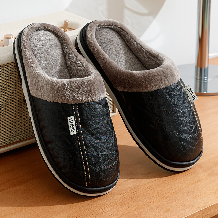 Waterproof PU Leather Mens Winter Slippers with Warm Fur Lined House Shoes Big Size for Home Bedroom