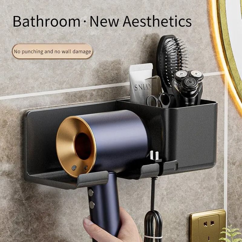 Bathroom Hair Dryer Storage Rack Wall Mounted Non Perforated Multifunctional Organizer