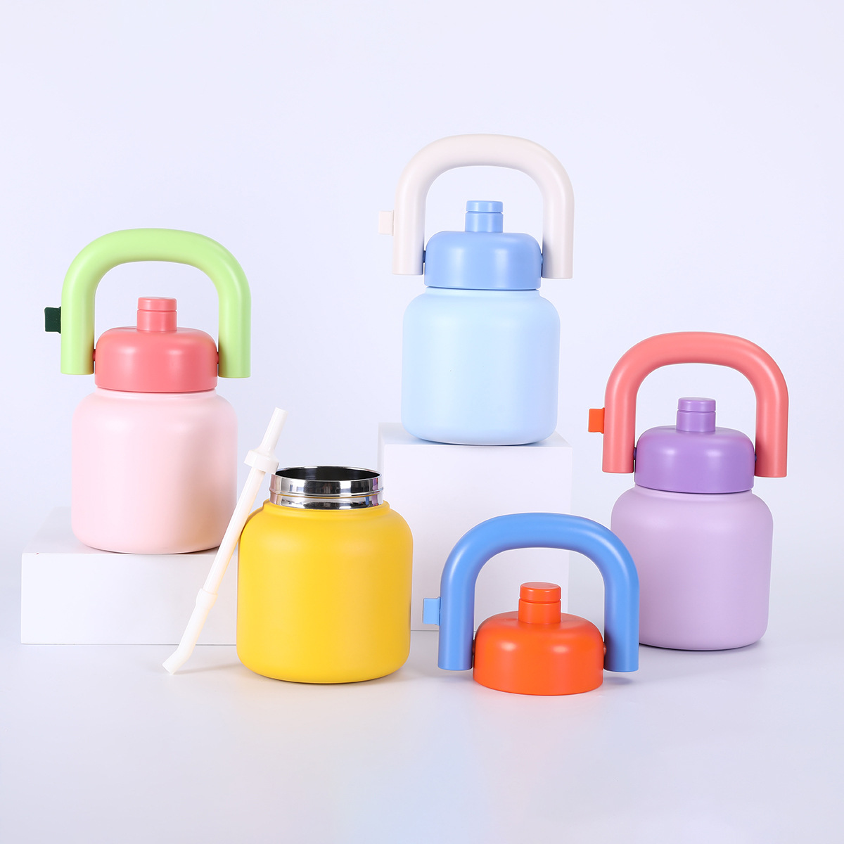 Dopamine Hand held Kettle Stainless Steel Childrens Insulated Cup with Straw Large Capacity Cartoon Big bellied Cup