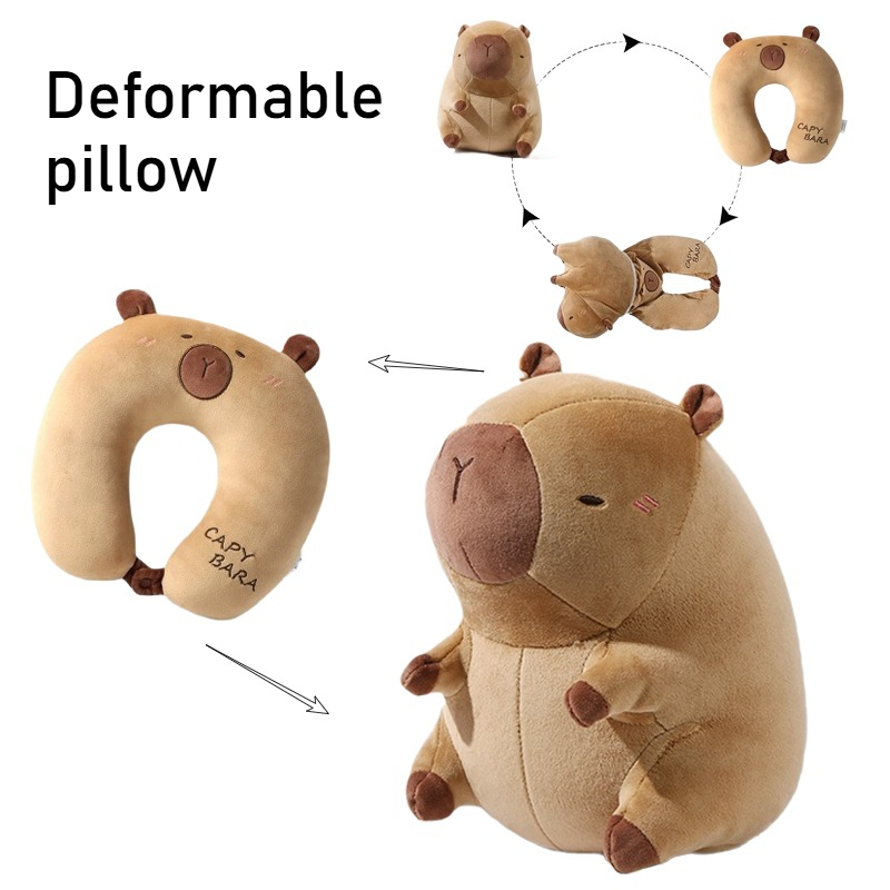 Portable Cartoon Capybara U-shaped Plush Pillow Travel Neck Support Pillow & Cute Plush Throw Pillow for Office