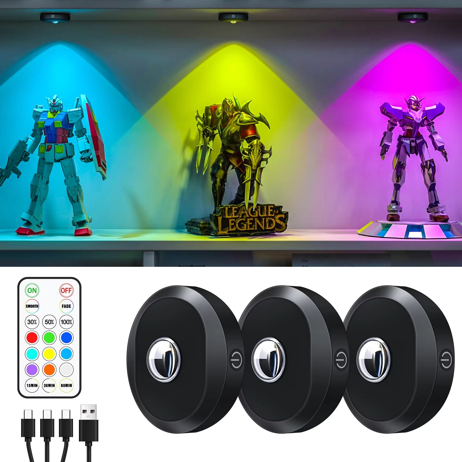 WILLED Rechargeable RGB Puck Light - 1200mAh Battery with Remote and Touch Control