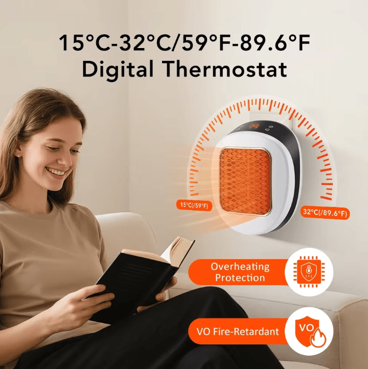 Portable PTC Wall Plug Heater – Adjustable Temperature Electric Space Heater for Bathroom & Living Room