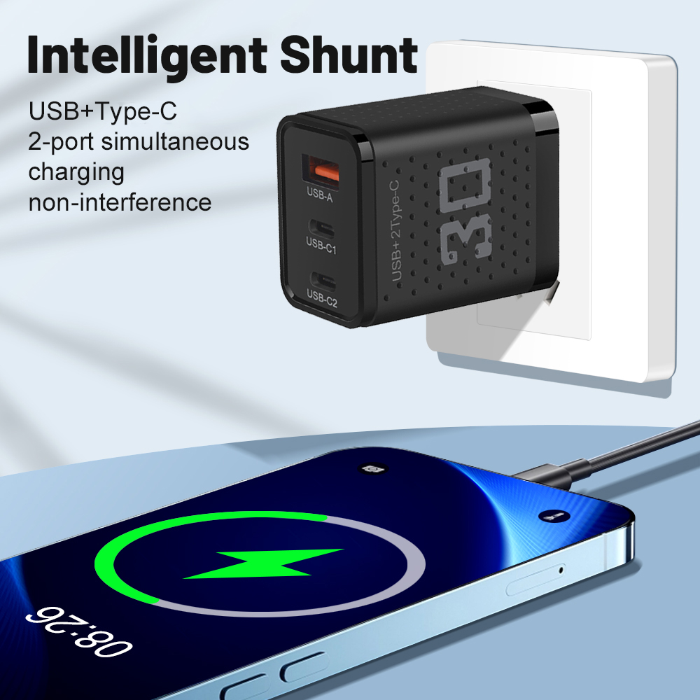 USB Type C Fast Charging Adapter for iPhone, Samsung, Xiaomi, Huawei with 3 Ports, QC3.0 Wall Charger