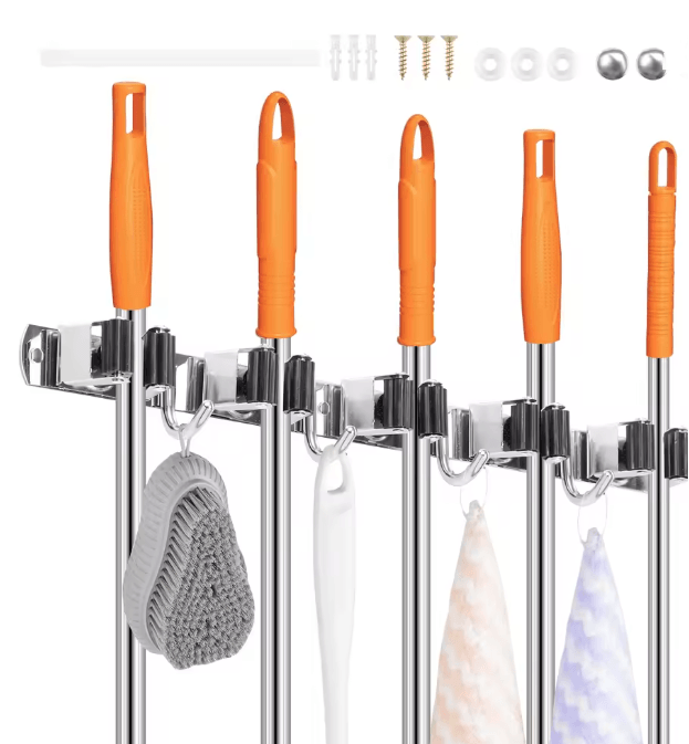 SteelHold Wall Mounted Mop and Broom Organizer Stainless Steel Holder