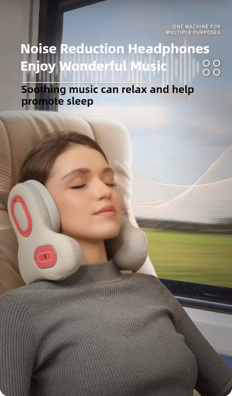 Wireless Neck Massager with Red Light & Hot Compress, U-shaped Pillow, Bluetooth Music & Sleep Noise Reduction