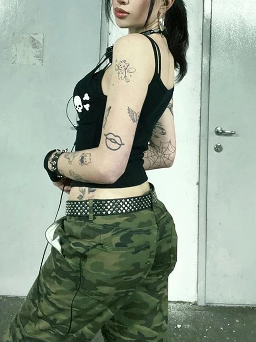 Womens Vintage Skull Print Goth Tank Top – Backless Low Cut Grunge Camisole