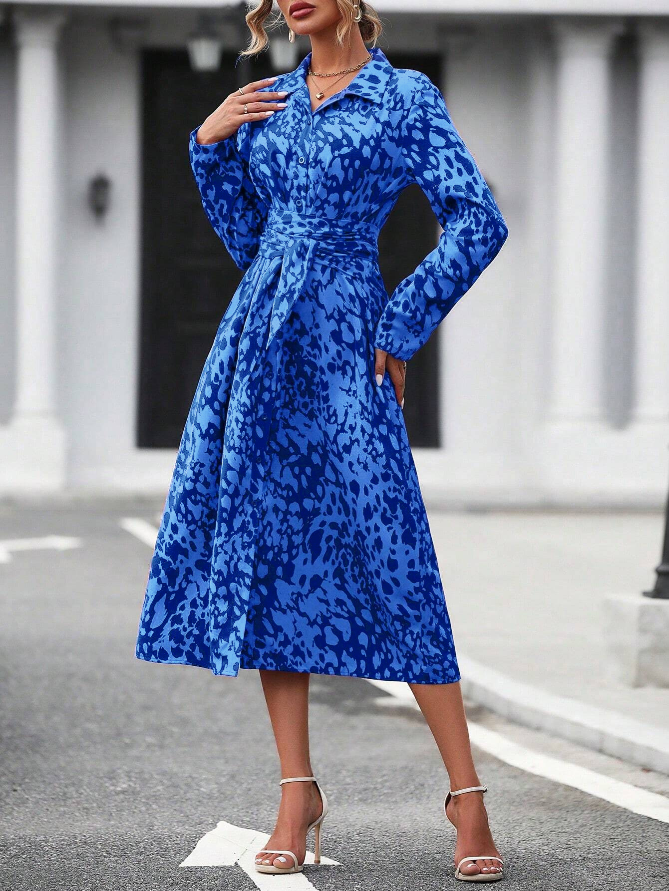 Women's Long Sleeve Belted Waist Midi Dress, Elegant Random Print Button Down Shirt Dress, Spring Fall Office Casual