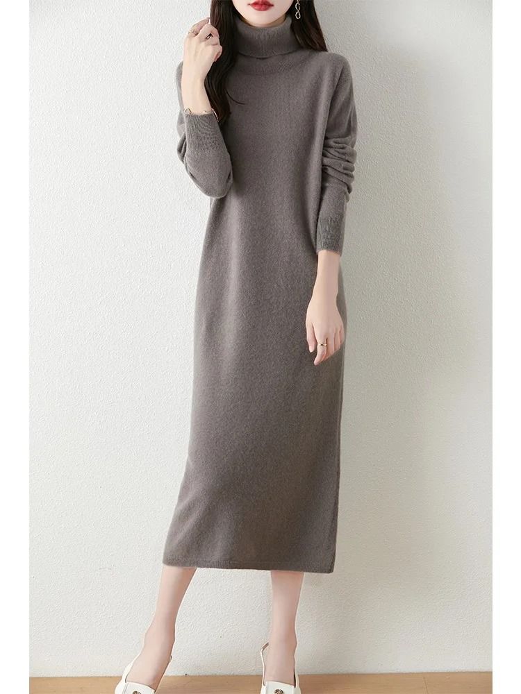 100% Merino Wool Turtleneck Knit Sweater Dress