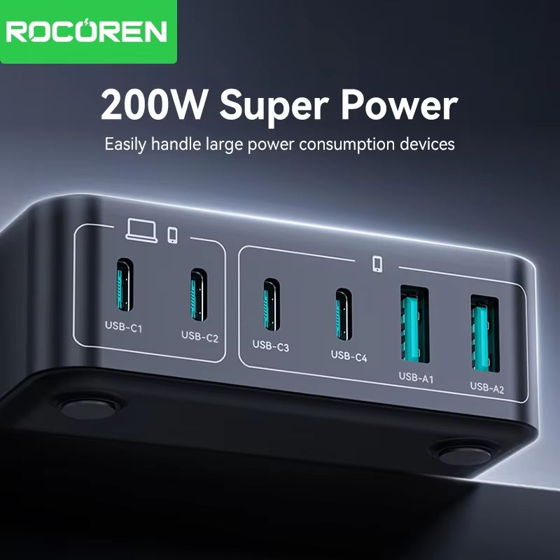 Rocoren 200W GaN Fast Charger – 6-Port USB-C Desktop Charging Station for Laptops, Phones & Tablets