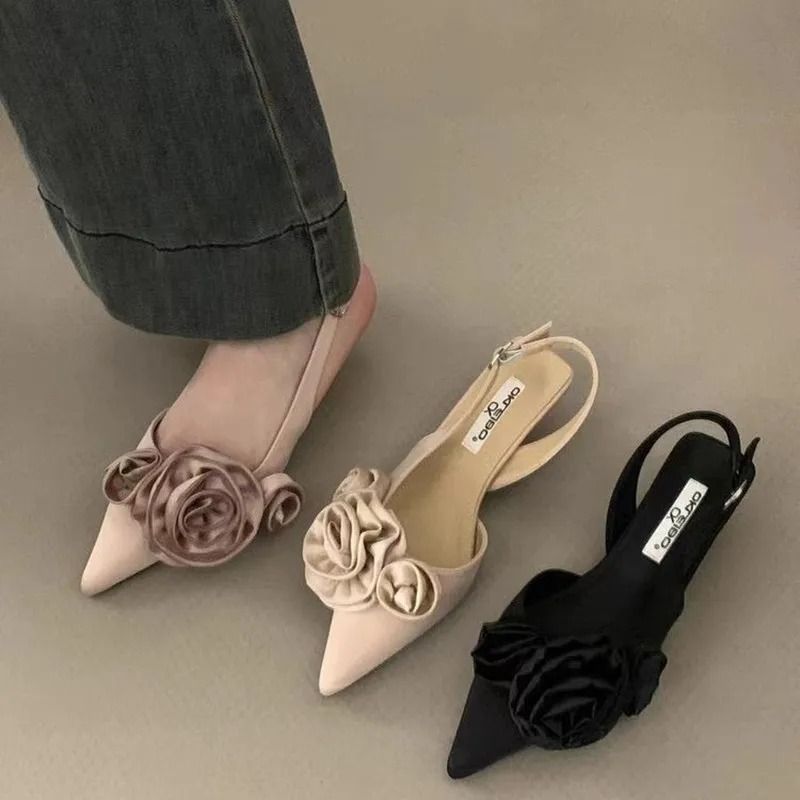 Elegant Flower Slingback Dress Mules – Fashionable Low Heel Slingback Pumps