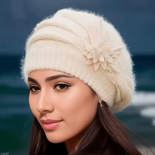 Womens Winter Flower Beret Thick Knitted Wool Hat for Autumn Winter Warmth