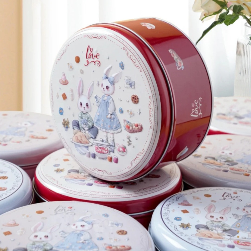 Cartoon Rabbit Tinplate Candy Chocolate Boxes, Metal Round Cookie Tin Packaging, Multifunction Empty Biscuit Iron Can