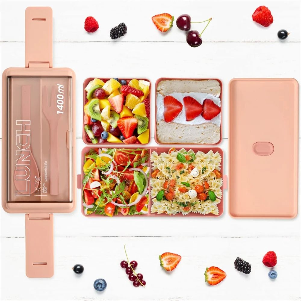 Double Layer Portable Lunch Box for Kids with Fork and Spoon Microwave Safe Bento Food Container