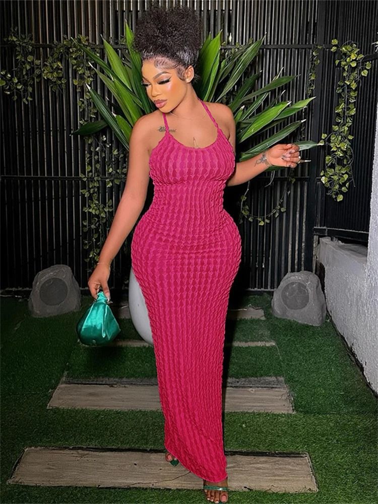Kliou Solid Ruched Spaghetti Strap Bandage Maxi Dress