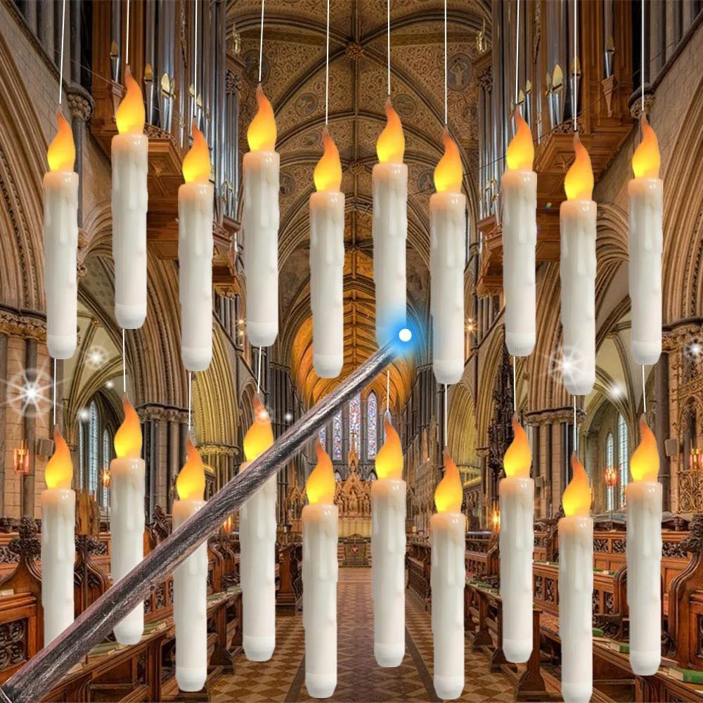 Floating LED Taper Candles with Magic Wand, Flickering Warm Light Flameless Candles for Halloween & Christmas Parties