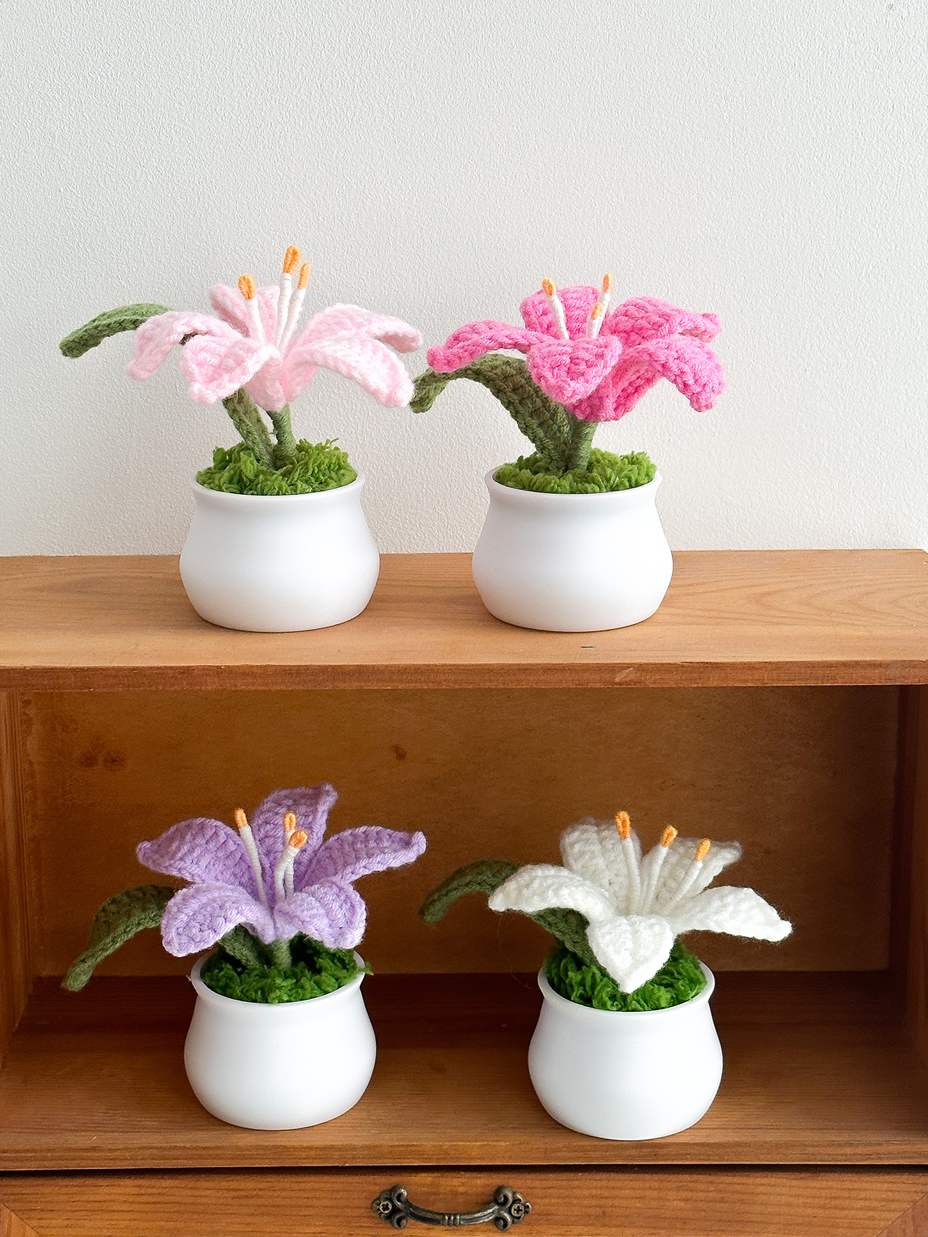 Delicate Crochet Woven Flowers Pot, Hand-Knitted Lily Potted Gift for Mother Day