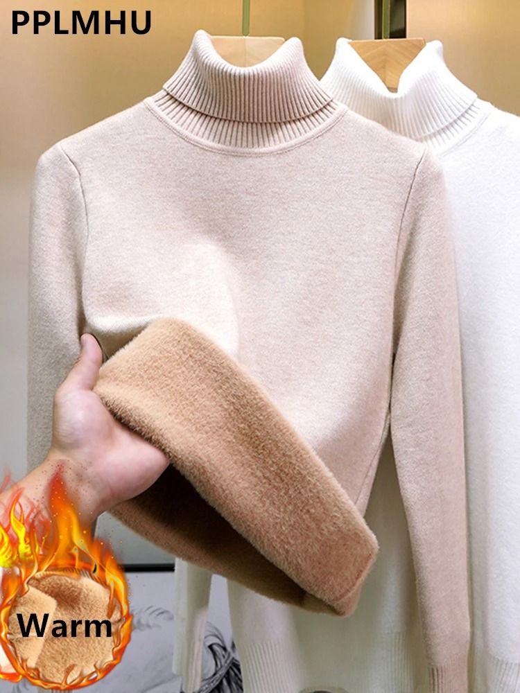 Elegant Thicken Velvet-Lined Turtleneck Sweater – Slim Knit Pullover & Warm Winter Jumper