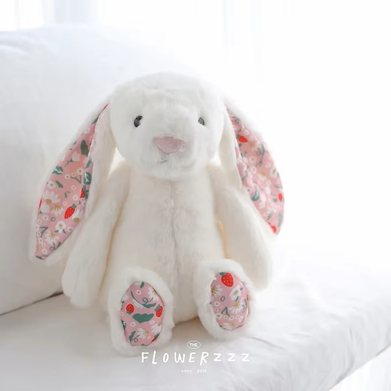NEW Easter Rabbit Grey Plush Doll with Pink Strawberry Flower Ears Gift