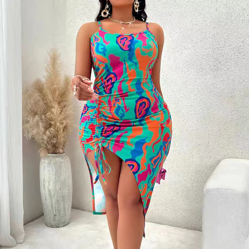 Women Summer Sexy Suspender Long Dress, Split Printing Tie-Up, Fashionable Elegant Club Beach Party Clothing