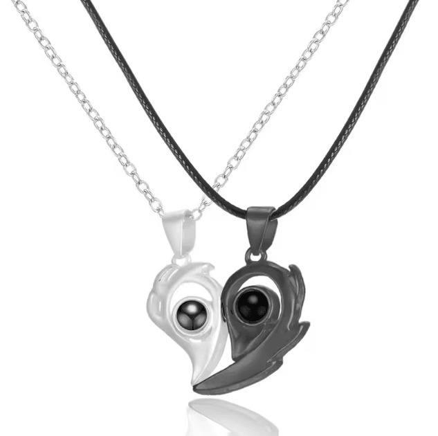 EternalBond 2-Piece Magnetic Couple Necklace – I Love You in 100 Languages Projection Heart Set