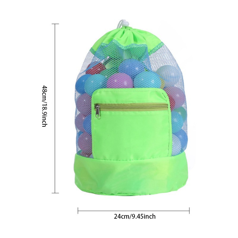 Foldable Mesh Beach Toy Bag Drawstring Backpack with Zipper Pocket