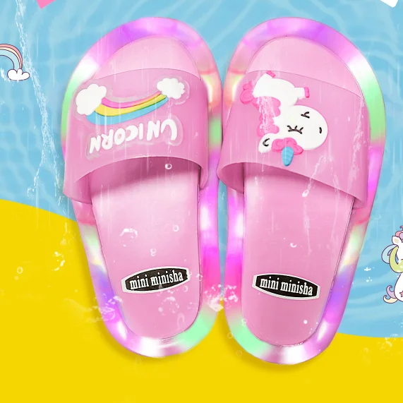 Cute Kids Toddler Slippers, Cartoon Unicorn Prints, Lighted Fashion Shoes for Boys and Girls, Bathroom Shoes
