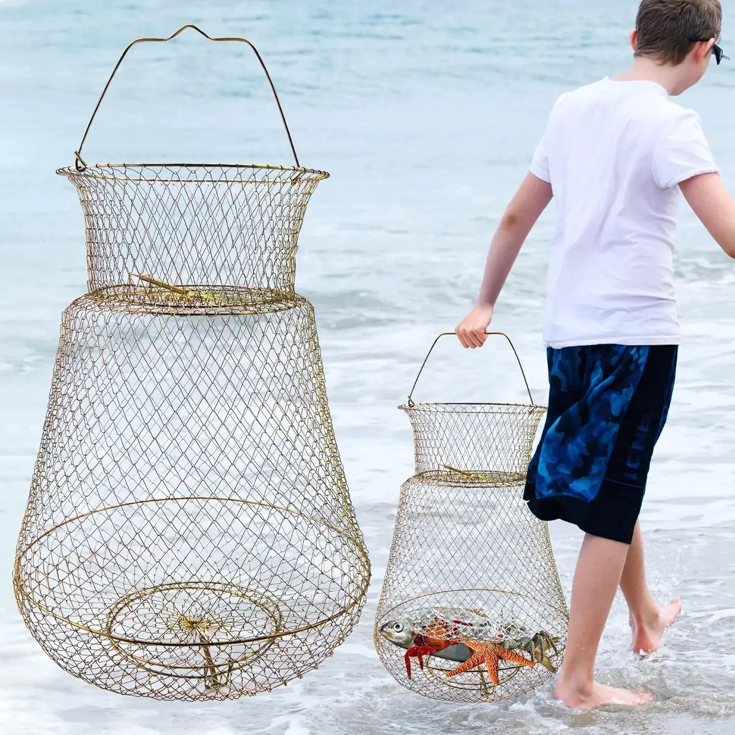 Portable Folding Steel Wire Fish Basket for Live Catch & Shrimp Fishing