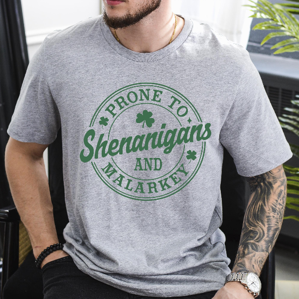 Prone to Shenanigans and Malarkey Sweatshirt | Funny St. Patricks Day Shamrock Irish Crewneck Pullover