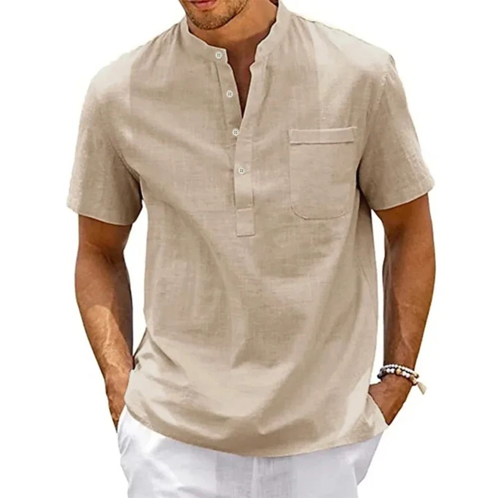 Mens Cotton Linen Henley Shirt Casual Short Sleeve