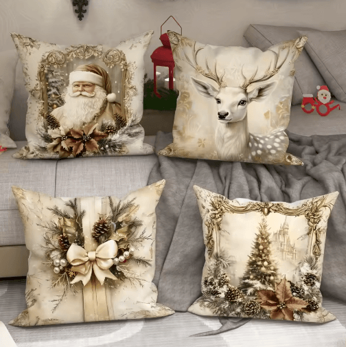 Festive Christmas Pillow Cover with Santa Claus & Reindeer Design