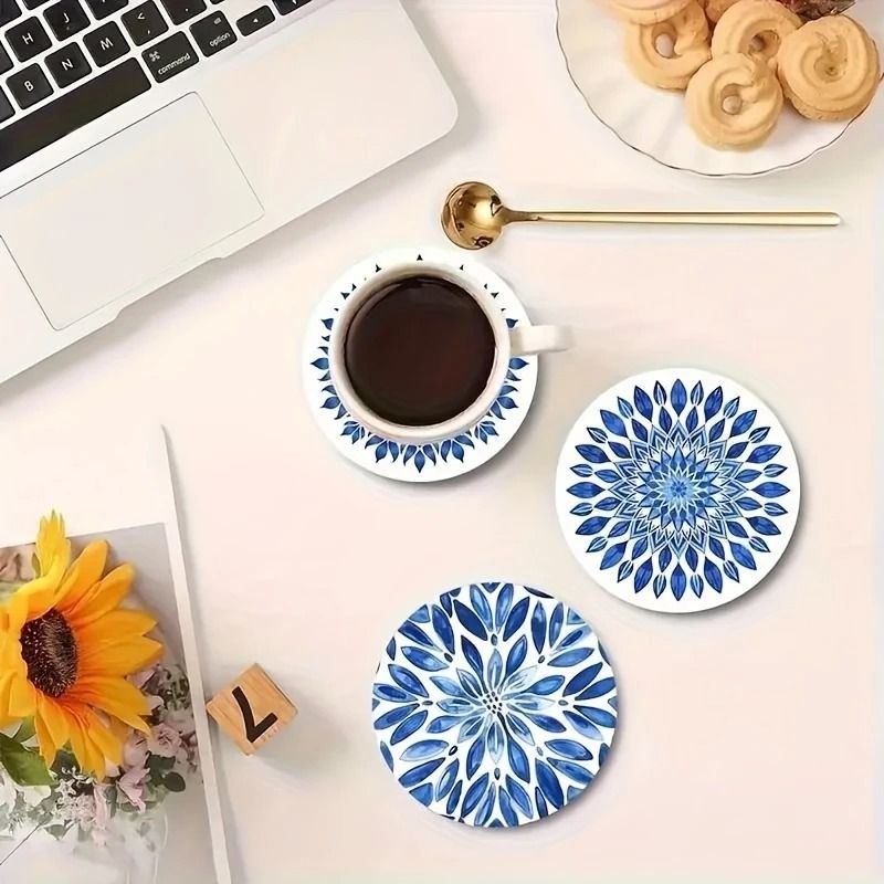 Celadon Style Wooden Coaster Set Heat Resistant Table Mat Decor for Home and Office