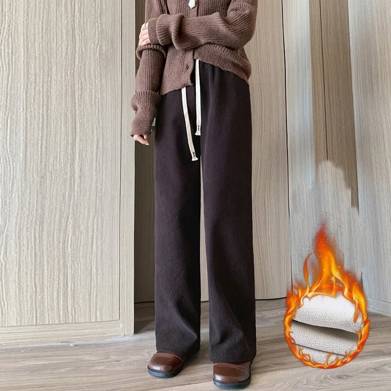 Womens Fleece Wide Leg Pants Warm Elastic Waist Winter Trousers Casual Loose Straight Leg Pants