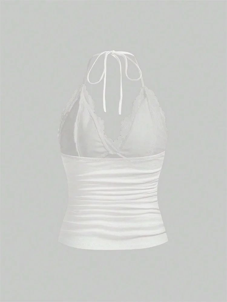 Lace V-Neck Halter Backless Crop Top – Ruched Y2K Grunge Goth Cami