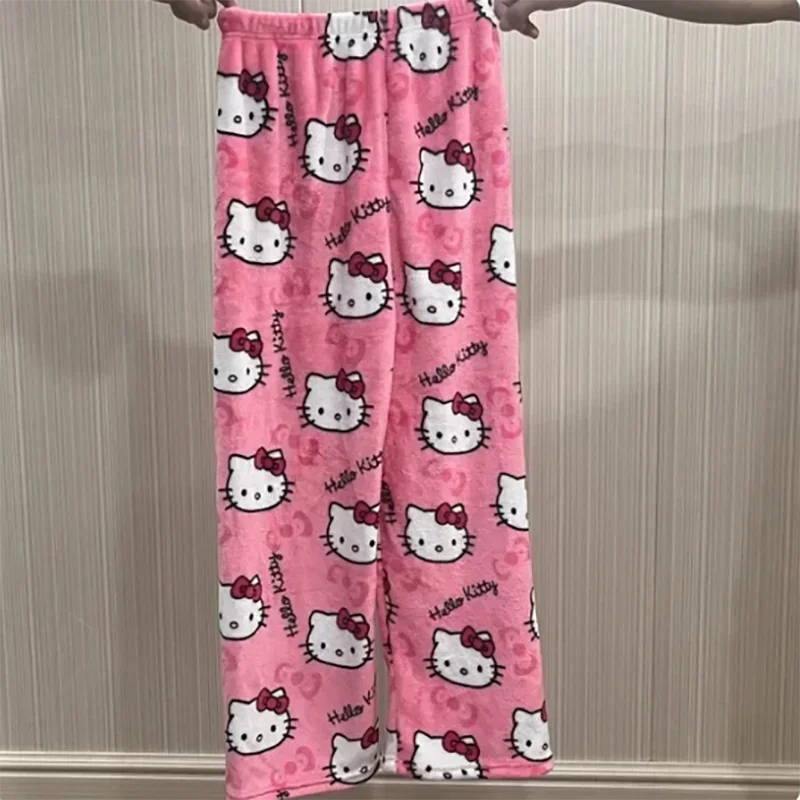 Halloween Pajamas Women, Hello Kitty Flannel Pant, Autumn Winter Plus Velvet, Warm Homewear, Cartoon Graffiti Loungewear