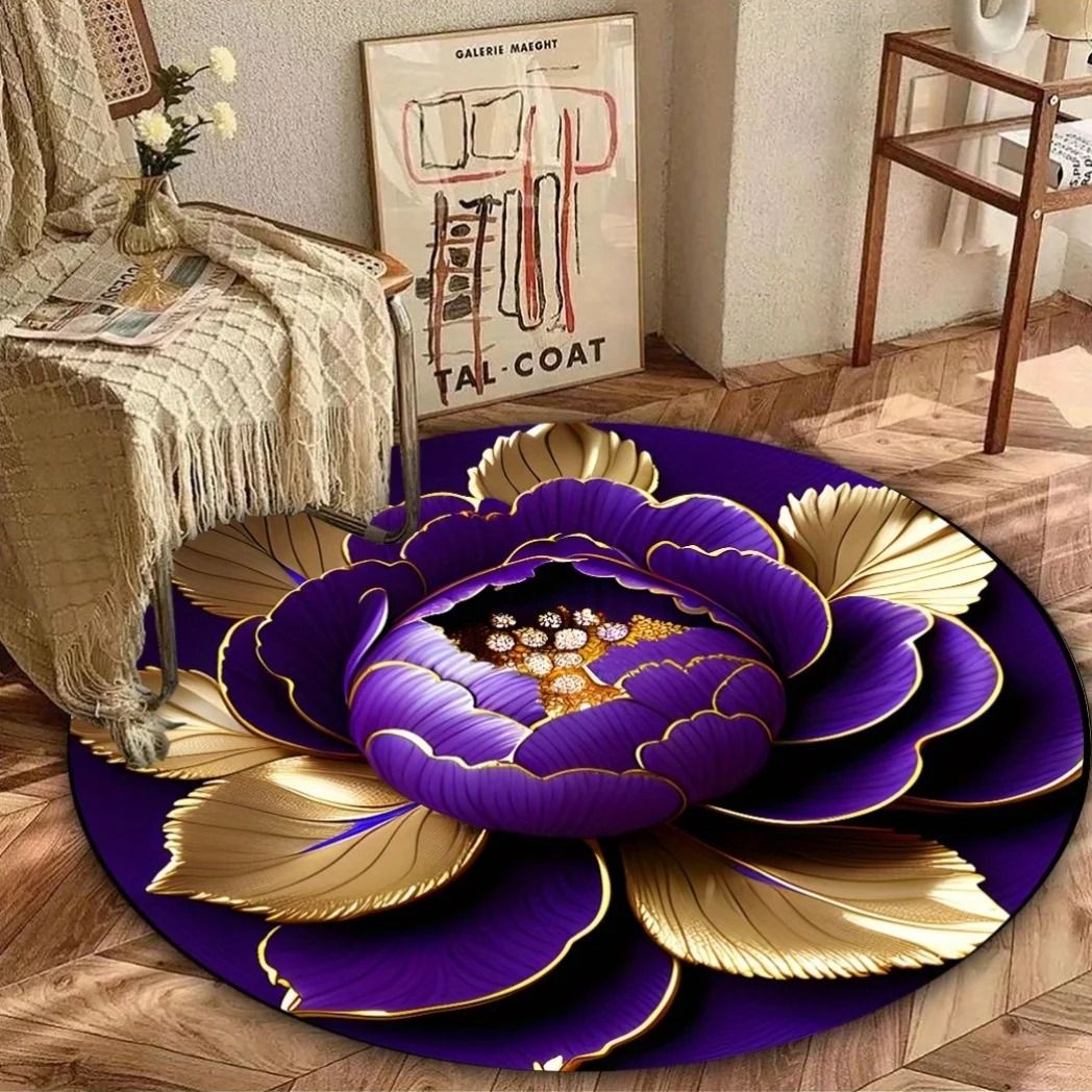 Purple Gold Peony Artistic Round Rug