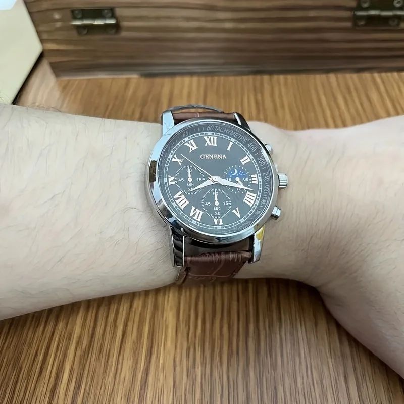 GENEVA Round Business Mens Quartz Watch with Luminous Dial & Leather Strap