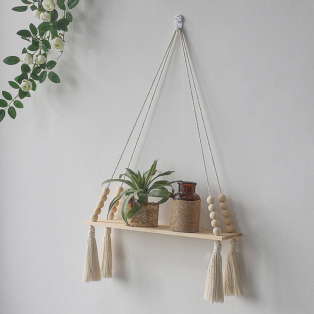 Boho Macrame Wall Hanging Floating Wood Shelf