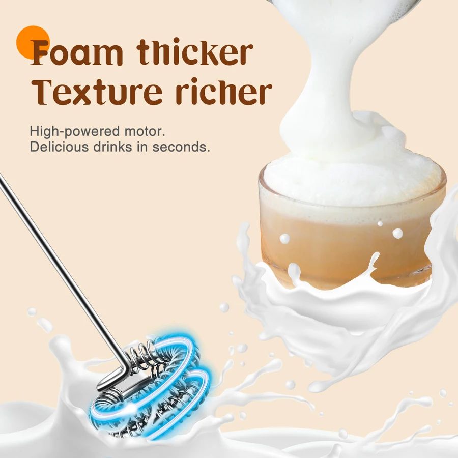 USB-C Rechargeable Handheld Milk Frother Wand – 3-Speed Portable Coffee Foam Whisk with Dual Heads