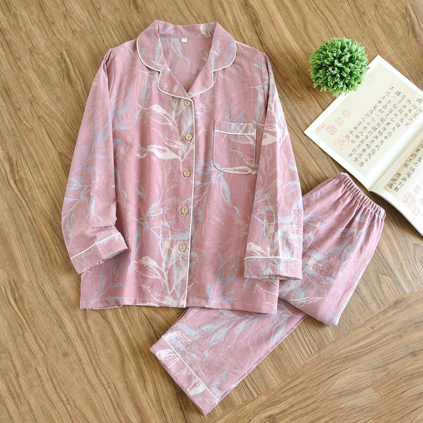 Women's New Spring Pajamas Suit, Cotton Crepe Two-Piece, Long-Sleeved Trousers, Flower Leaves Home Clothes