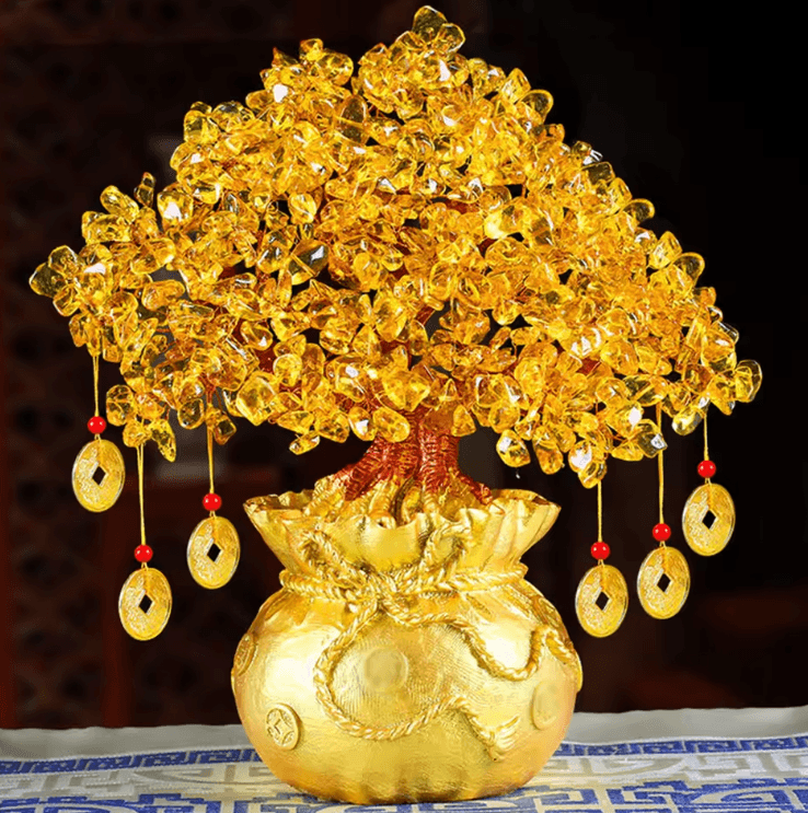Natural Crystal Money Tree with Fortune Bag – Feng Shui Lucky Tree Decor for Wealth & Prosperity
