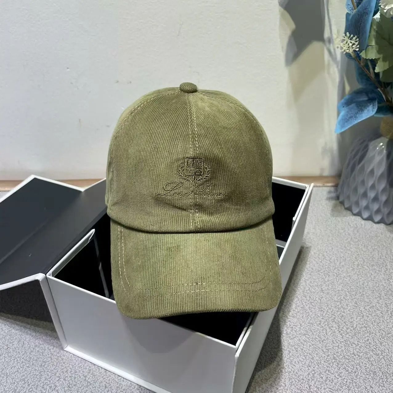Ribbed Velvet Embroidered Letter Baseball Cap with Adjustable Velcro Fit
