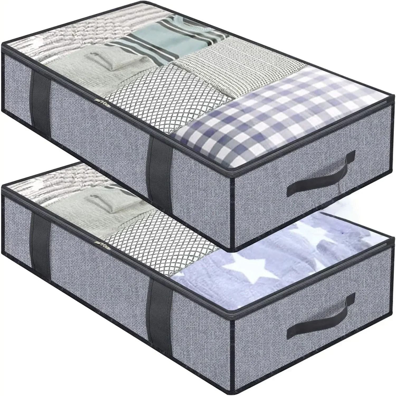 2 Pack Under Bed Storage Bags Large Quilt and Clothes Organizer with Lid and Reinforced Handles