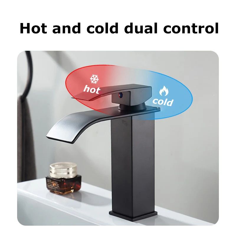 Matte Black Waterfall Bathroom Faucet with Hot & Cold Supply Lines