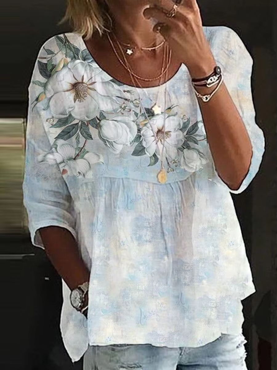 Womens Loose Fit Printed Round Neck Casual Shirt for Holiday and Weekend Wear